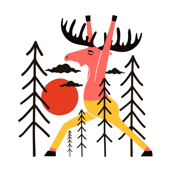 Vector Illustration Colored Moose Yellow Pants Sun Pine Trees Trendy — Stok Vektör
