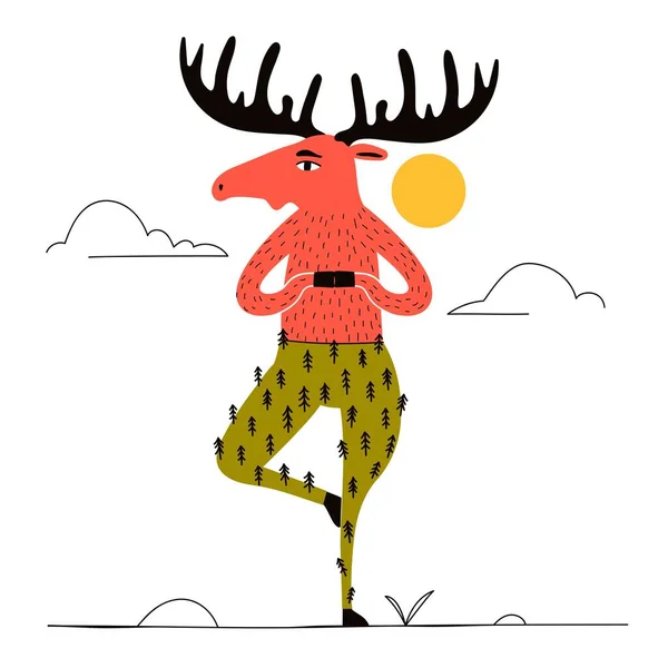 Vector Illustration Colored Moose Green Pants Pine Trees Trendy Print — Stockvector