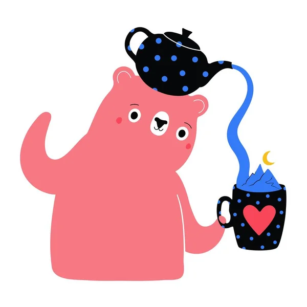 Vector Illustration Pink Bear Teapot Cute Tea Cup Mountains Heart — Vector de stock