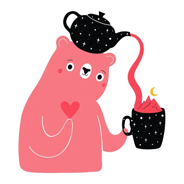 Vector Illustration Cute Pink Bear Holding Teapot Heart Cup Stars — 스톡 벡터