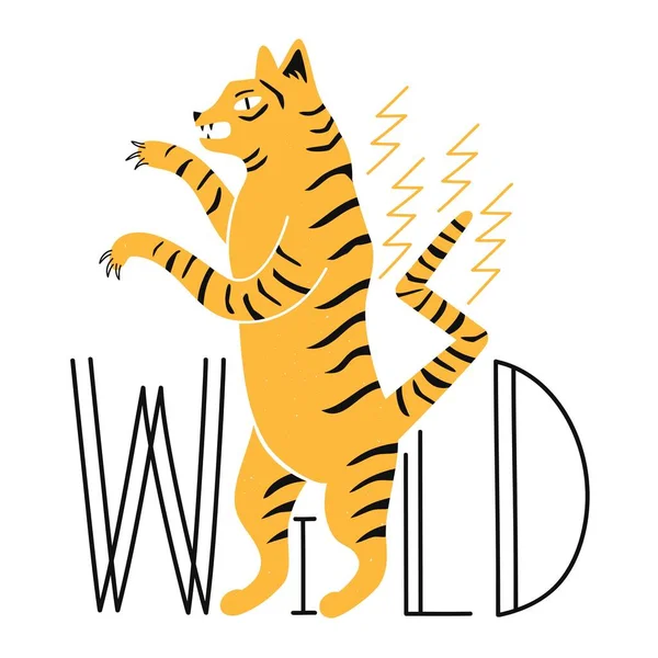 Illustration Vectorielle Avec Tigre Debout Sur Les Jambes Lettrage Wild — Image vectorielle