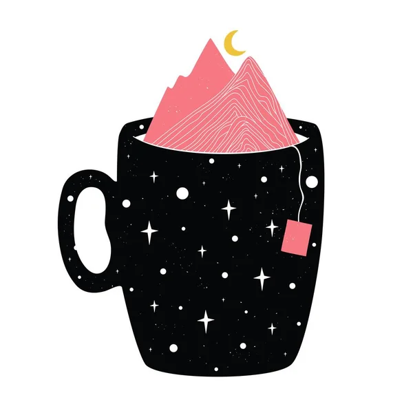 Ilustração Vetorial Com Copo Preto Montanhas Cor Rosa Estrelas Brancas — Vetor de Stock