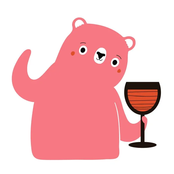 Ilustração Vetorial Urso Rosa Segurando Copo Vinho Tinto Projeto Modelo —  Vetores de Stock