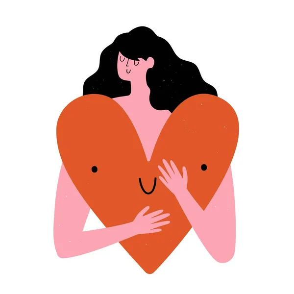 彩色矢量插图与女人抱着大大的红心与可爱的微笑 有趣的自爱和关怀海报 贺卡模板 — 图库矢量图片