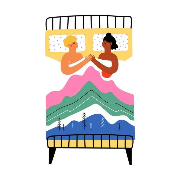 Векторная Иллюстрация Романтической Пары Спавшей Одеялом Изображением Природы Постельное Белье — стоковый вектор