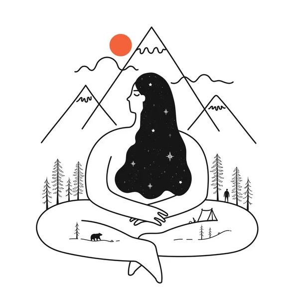 Αφηρημένη Διανυσματική Απεικόνιση Μακριά Μαλλιά Γυναίκα Ορεινό Τοπίο Άνθρωπος Σιλουέτα — Διανυσματικό Αρχείο