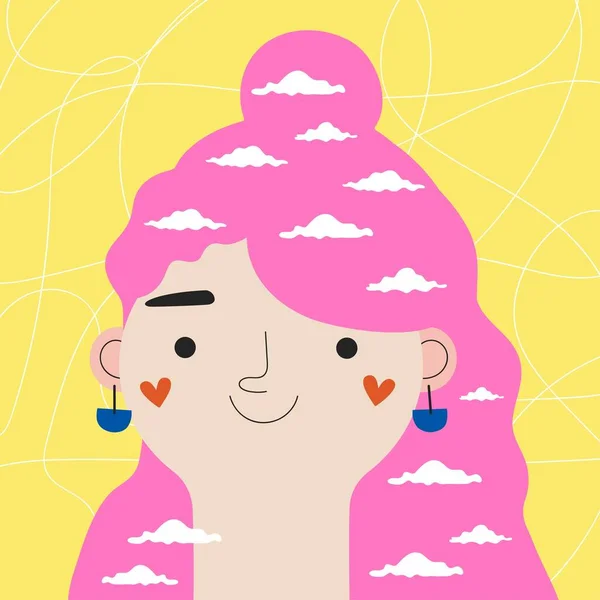 Ilustración Vectorial Con Linda Chica Pelo Rosa Con Nubes Blancas — Vector de stock