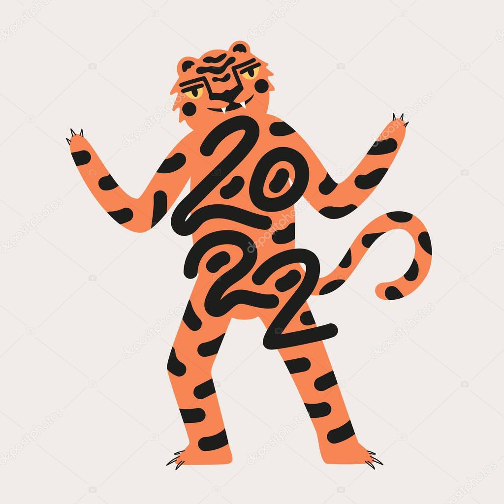 Vector illustration with abstract tiger and lettering. Symbol of 2022 new year. Print, logo, greeting card, calendar, celebration typography poster template with cartoon style animal