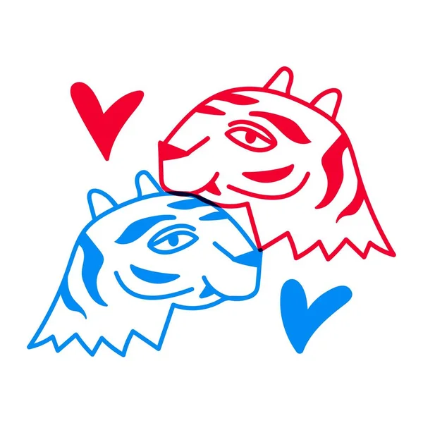 Ilustracja Wektora Parą Tygrysów Streszczenie Projektu Czerwono Niebieskiego Druku Zwierzętami — Wektor stockowy