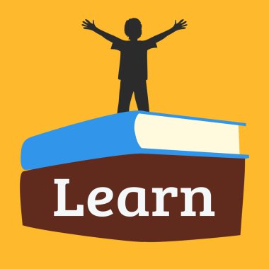 Silhouette of boy standing on blue book.