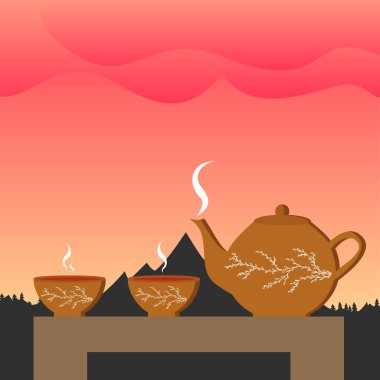 Pink sky, mountain landscape,
