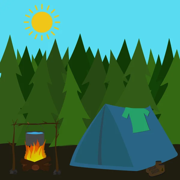 Camping tent in pine forrest — Stock Vector