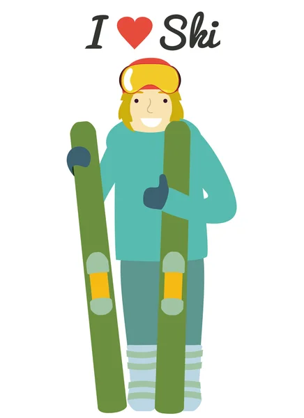 Funny cartoon man standing with ski — Stok Vektör