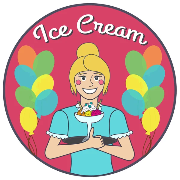 Блондинка улыбающаяся официантка держит мороженое — стоковый вектор
