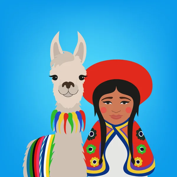 Chica peruana con llama sonriente — Archivo Imágenes Vectoriales