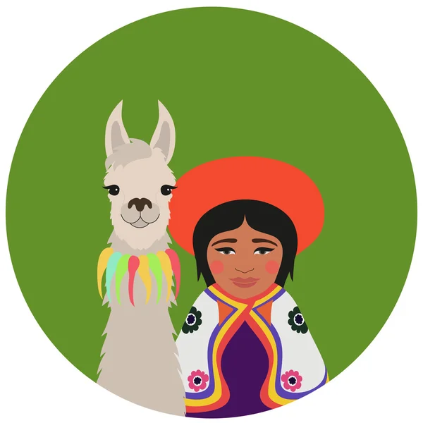 Chica peruana con llama sonriente — Vector de stock