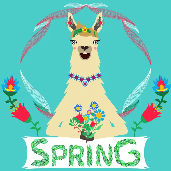 Funny smiling llama with flowers in hands — Stock Vector