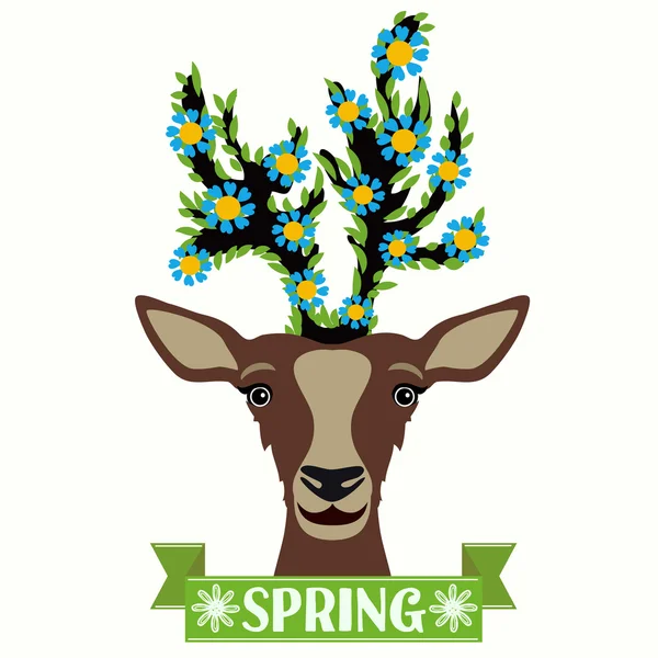 Cute deer with flower horns and text Spring — Stock Vector