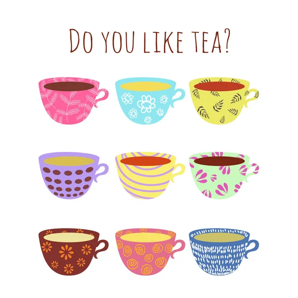 Collection of different cute cups with tea, — Stock Vector