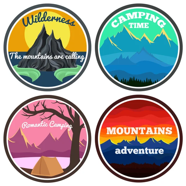 Colorido conjunto de emblemas de camping — Vector de stock