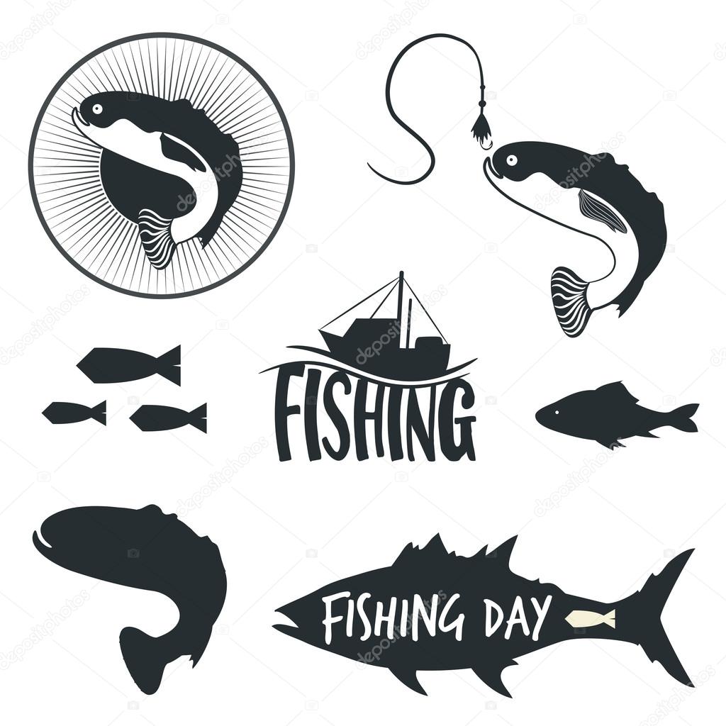 Vector set of logos, emblems, labels and badges with fish. Fishing, boat, hook