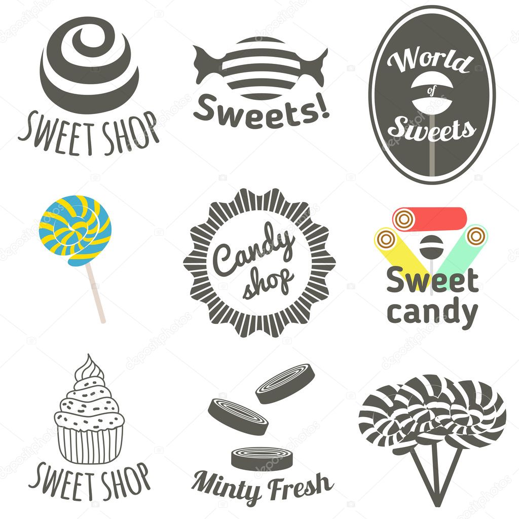 Vector set of emblems, logos and labels for candy and sweets shops and stores