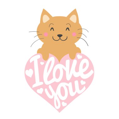 Pembe kalp ile gülen karikatür kedi