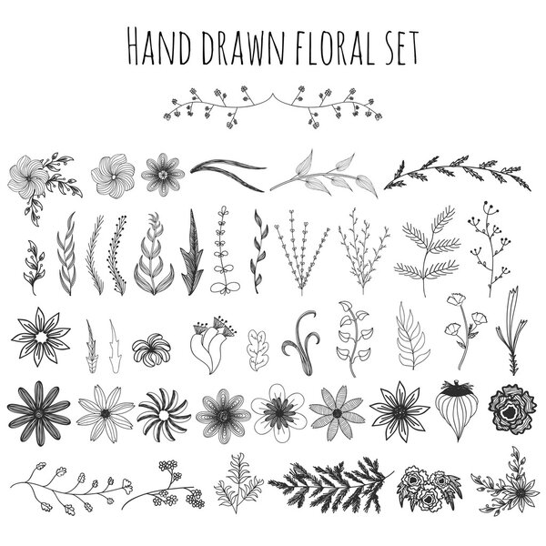 set with vintage hand drawn flowers