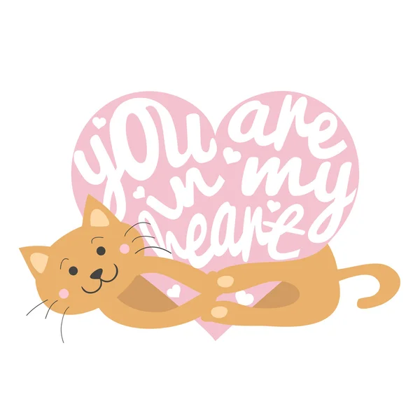 Smiley cartoon cat with pink heart — Stock Vector