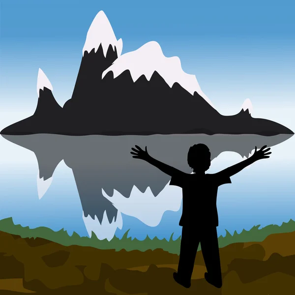 Berg och pojke siluett — Stock vektor