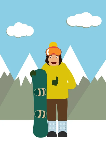 Mann mit Snowboard steht auf einem Schneeplatz — Stockvektor