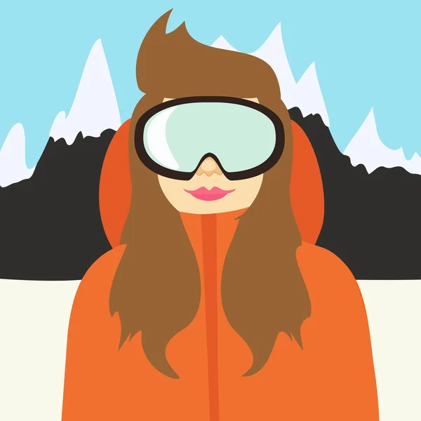 Mujer en chaqueta naranja y snowboard — Vector de stock