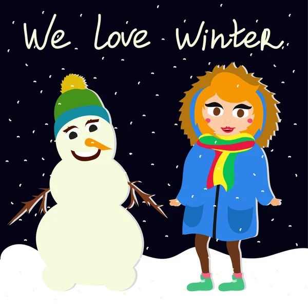 Cartoon girl and snowman — Stock Vector