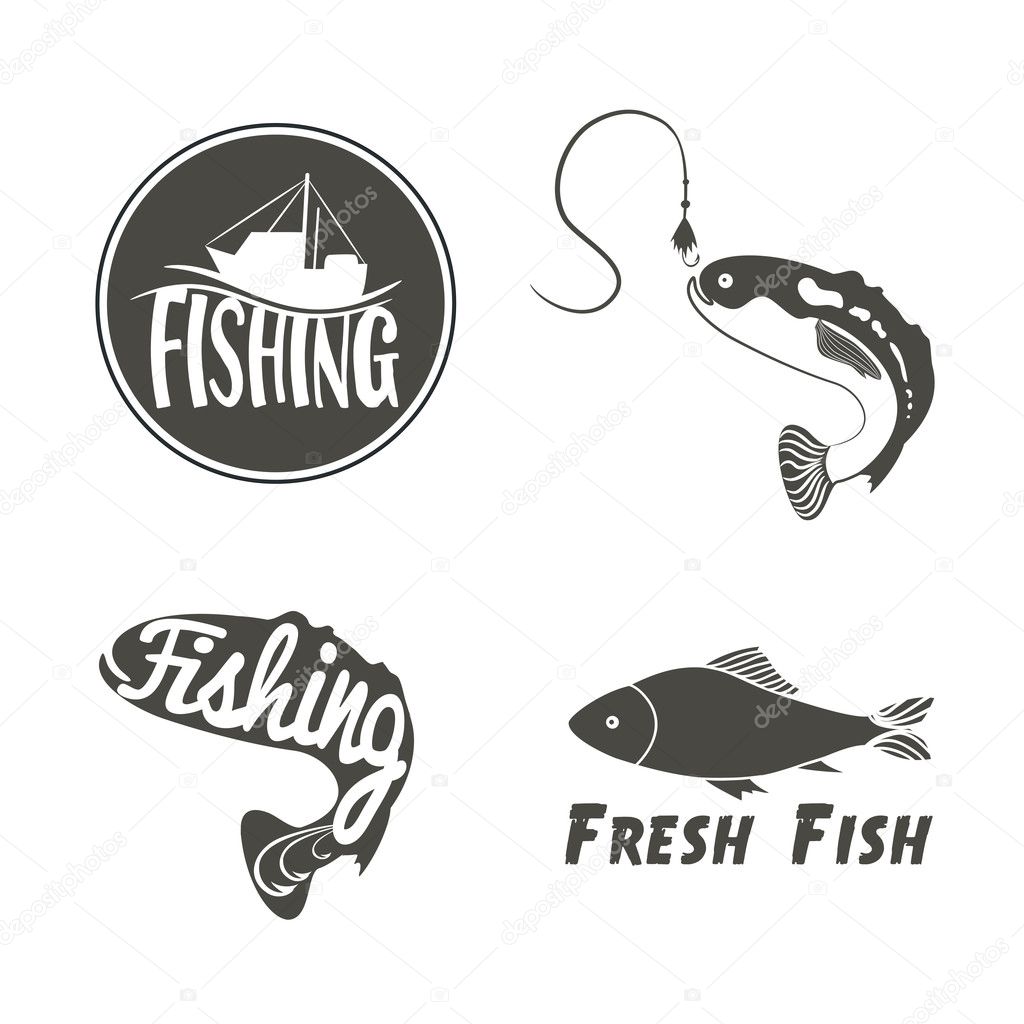 Vector set of logos, emblems, labels and badges with fish. Fishing, boat, hook, ship. Isolated silhouettes
