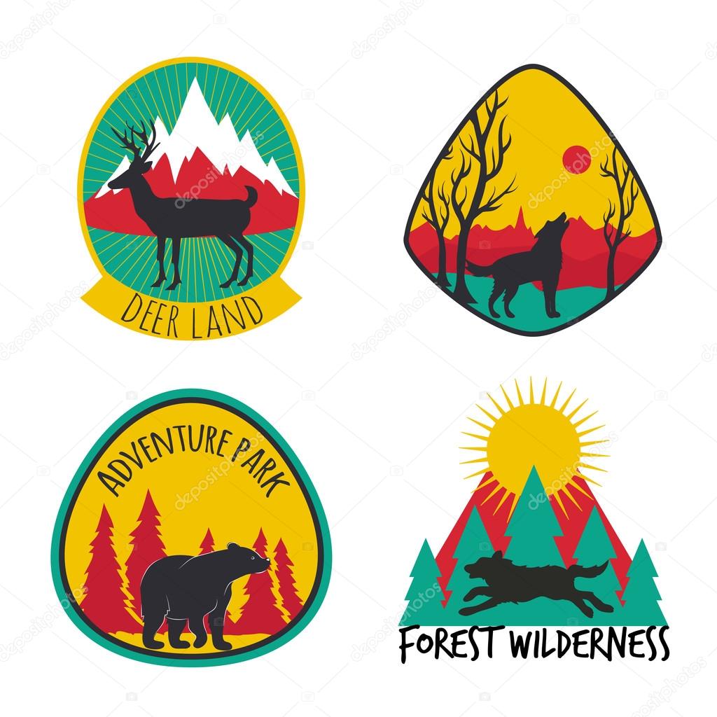 Vector illustration. Colored set of camping emblems, labels and logos with mountains, trees, deers, wolves and bear. Hunting, traveling, sunrise, mountains, nature and rays of sun