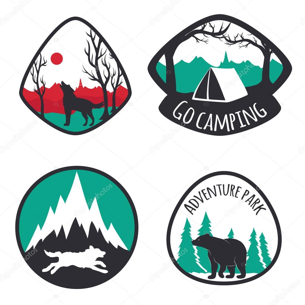 Vector illustration. Colored set of camping emblems, labels and logos with mountains, trees, deers, wolves and bear. Hunting, traveling, sunrise, mountains, outdoor and nature lifestyle