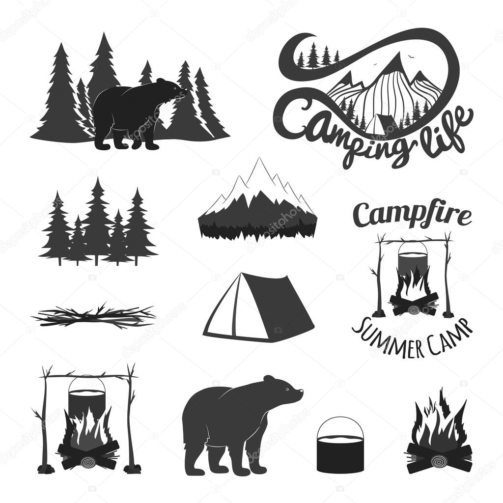 Vector vintage set of icons, emblems, logos and labels. Bears silhouettes, forest, campfire, camping, tent, pan, mountains. Trendy design elements