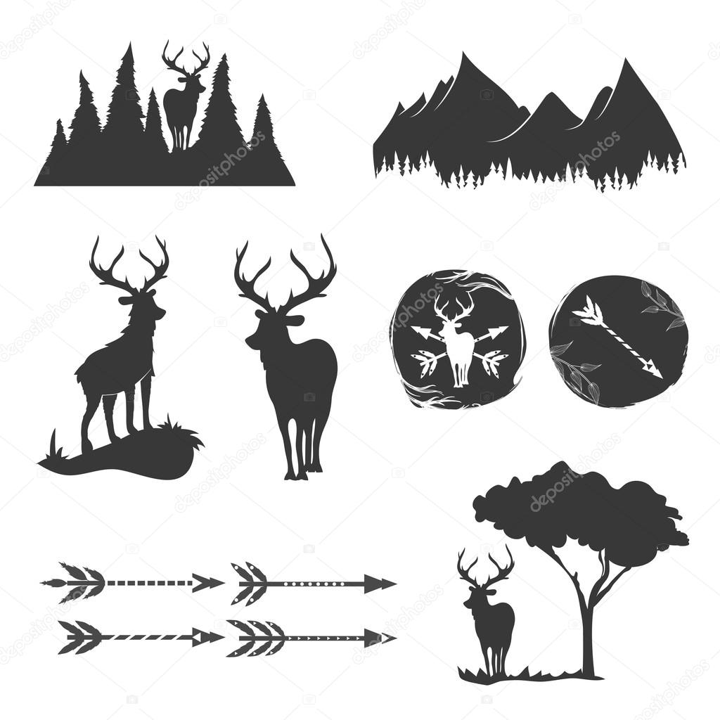 Vector monochrome vintage set of icons, emblems, logos and labels. Deers silhouettes, forest, trees, arrows, mountains. Trendy design elements