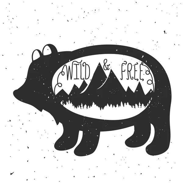 Bear silhouette, mountains and forest. — Stockvector