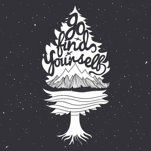 White tree silhouette and mountains inside. — Stok Vektör