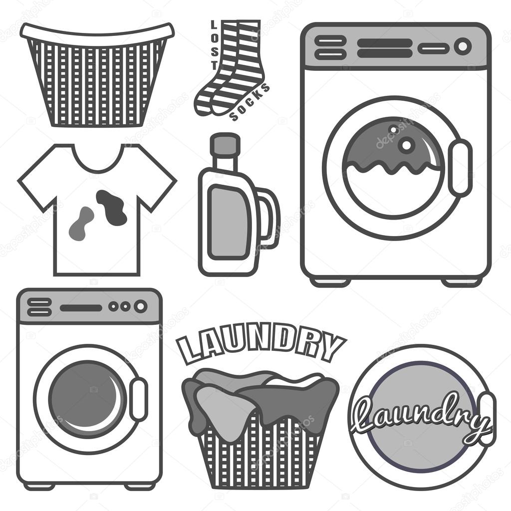 Vector monochrome set with different elements of laundry - washing machine, laundry basket, dirty shirt, socks, washing powder