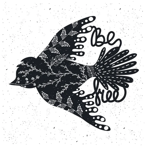 Black flying bird with floral pattern inside — Stok Vektör