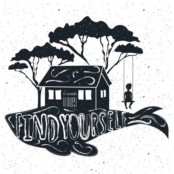 Poster with whale, house, silhouette of a boy — Stock Vector