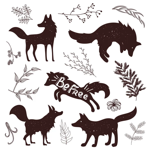 Wild foxes silhouettes — Stock Vector