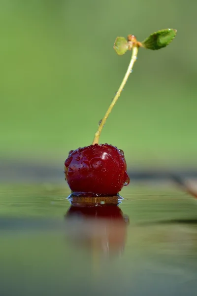 Yansıma ve gölge yağmur oluşturduktan sonra ahşap bir masa üzerinde bir Olgun Kiraz