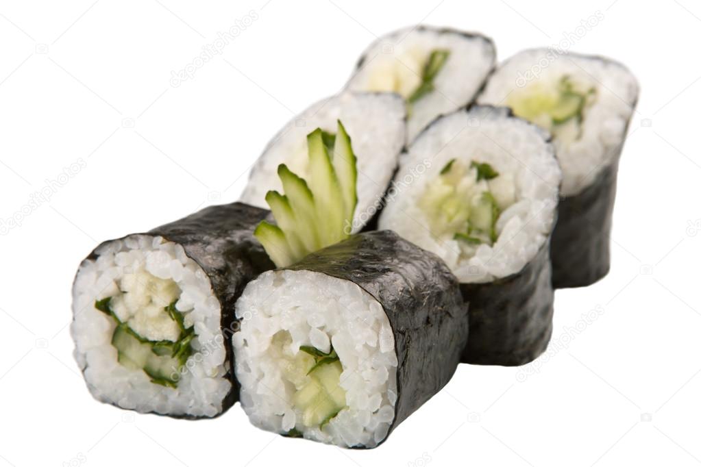 Japanese sushi rolls on white background