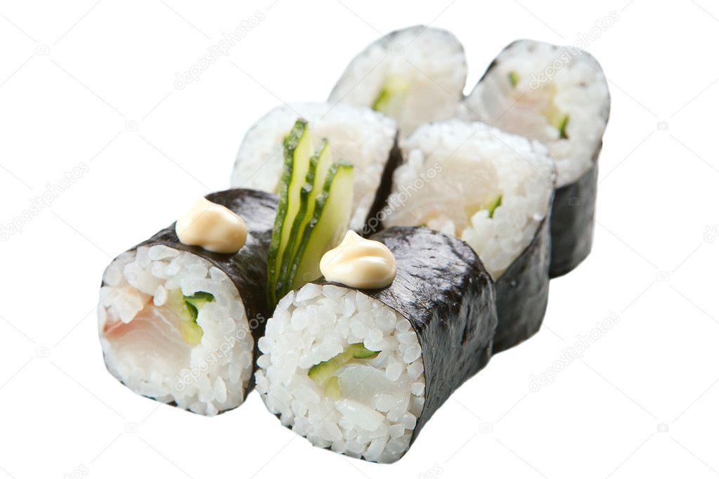 Japanese sushi rolls on white background