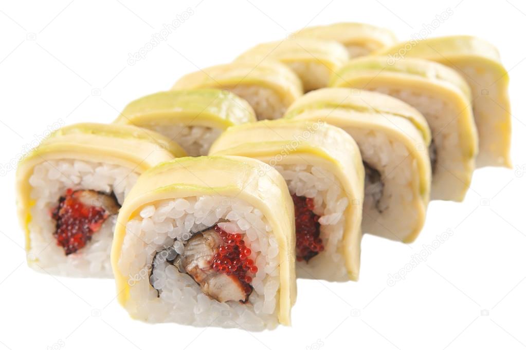 Japanese sushi rolls on white background