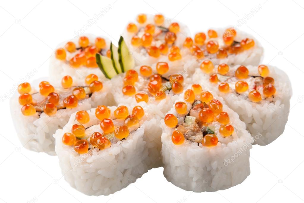 Japanese sushi rolls on white background
