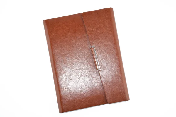 Bruin Leren Dagboek Notebook Geïsoleerd Wit — Stockfoto